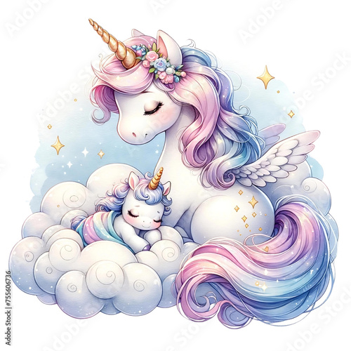 Mother Unicorn with Winged Foal Sparkling Illustration
