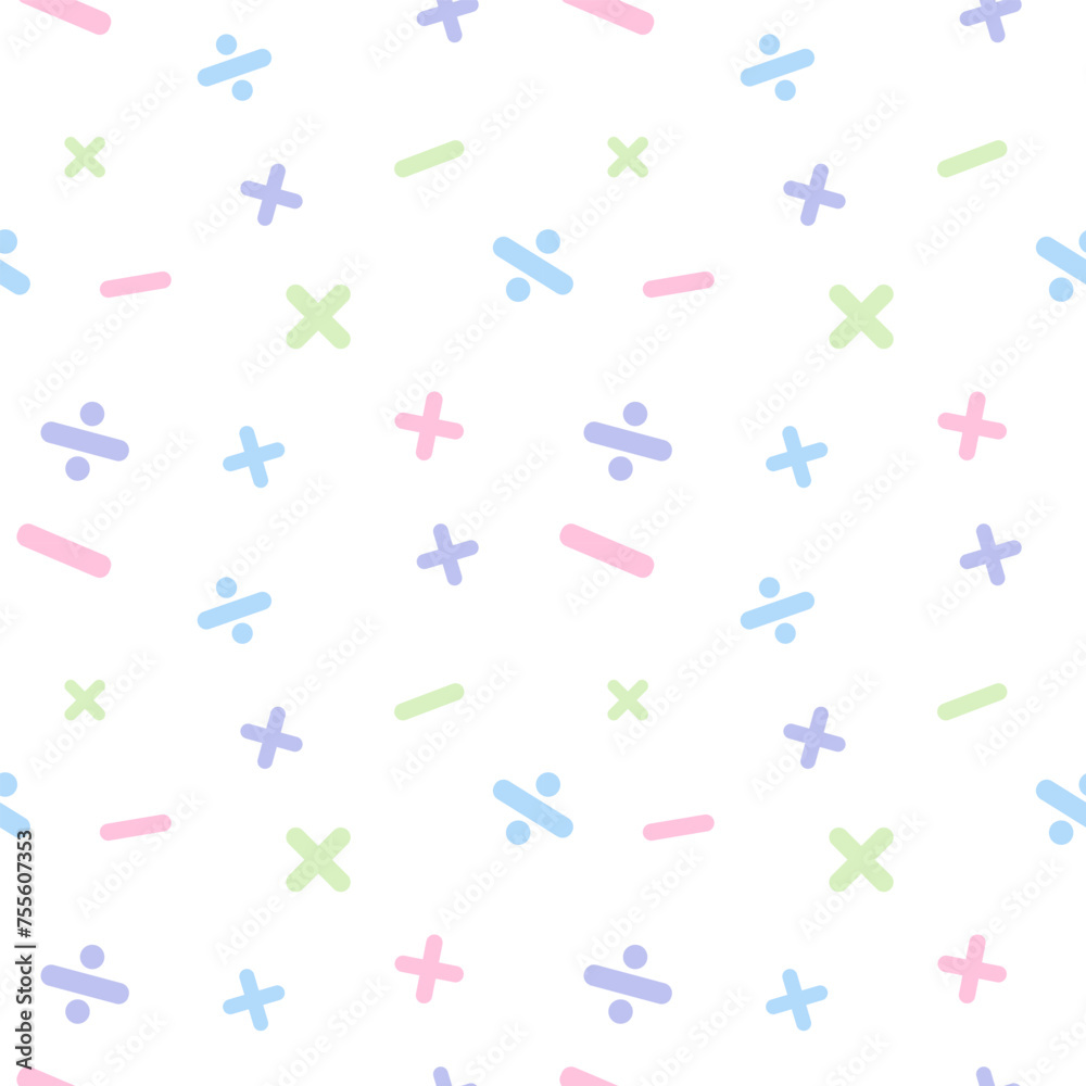 Seamless pattern cute pastel math symbols on white background. Can be used for wallpaper, wrapping paper, cards, pattern for clothes and other. Vector illustration. Seamless pattern cute pastel math symbols on white background. Can be used for wallpaper, wrapping paper, cards, pattern for clothes and other. Vector illustration.