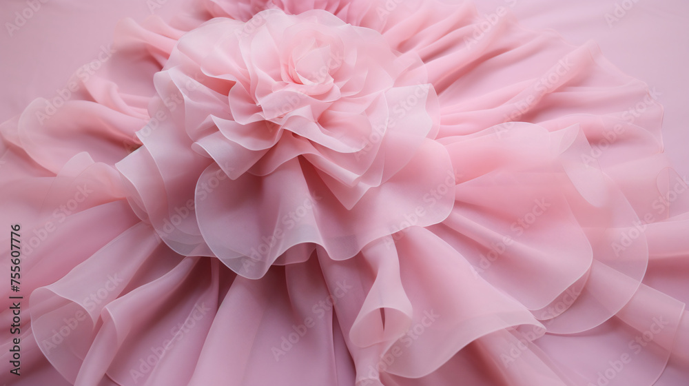 Pink tulle fabric. Flounces on a children's dress.