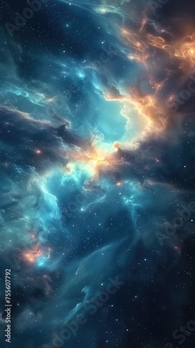 Radiant Blue and Orange Nebula in Deep Space. © E 