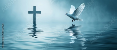 Dove flying over a Christian cross