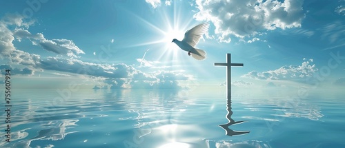 Dove flying over a Christian cross