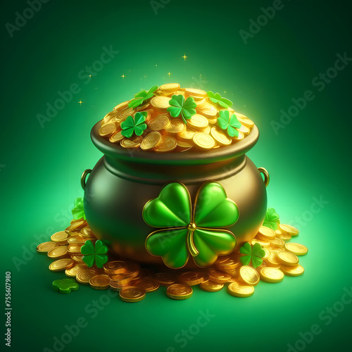 Pot of gold, St. Patrick’s Day , isolated on a green background, Celebrating Patrick's day, Shamrock Pot of Gold 