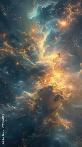 Stunning Cosmic Nebula with Golden and Teal Highlights.