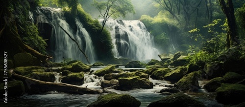 A powerful waterfall cascades down a rocky cliff in the heart of a lush forest. The water flows vigorously  creating a mesmerizing display of natures force and beauty.
