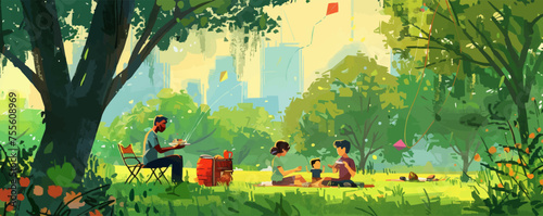 Quintessential Labor Day family picnic in a lush park complemented by fluttering kites and the aroma of barbeque photo