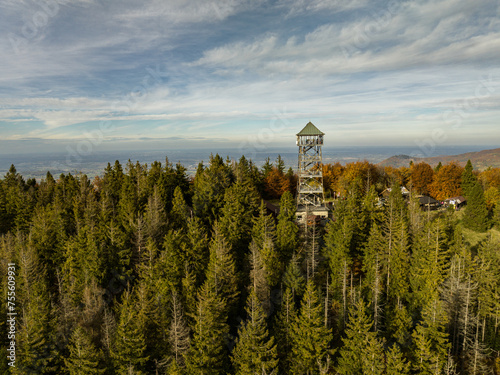 Polish hill mountains beskidy. Autumn i beskid mountains. Wielka Czantoria and Mala Czantoria hill in Beskid Slaski mountains in Poland. Observation tower in the mountains during late autumn day. photo