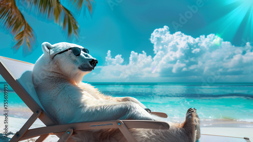 Polar bear in sunglasses in a sun lounger resting.