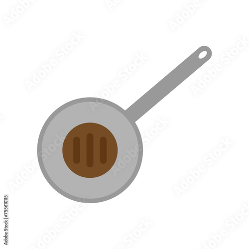 Frying pan cookware steak. Kitchen meal preparation. Culinary food cooking. Vector illustration. EPS 10.
