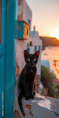 Schwarze Katze auf Santorin. Seeblick. Sanftes Abendlicht