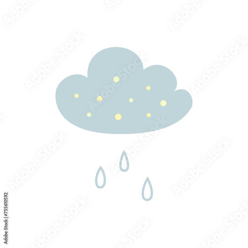 Cloud and raindrops isolated on white background.