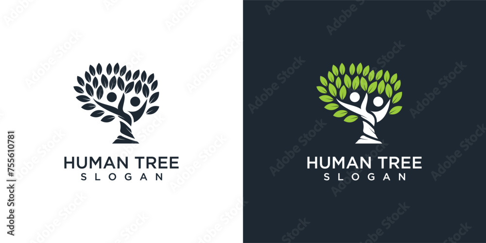 Human tree logo design in growth tree symbol. people ecology tree logo - obrazy, fototapety, plakaty 