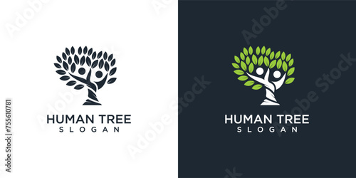 Human tree logo design in growth tree symbol. people ecology tree logo