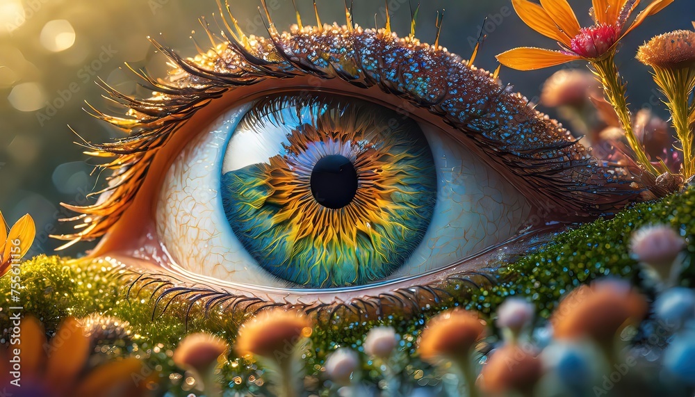 Close-Up of Human Eye with Vibrant Nature Reflection - obrazy, fototapety, plakaty 