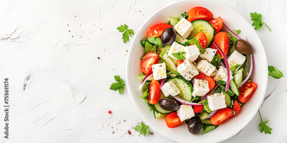 Fototapeta premium Greek Salad Delight. A vibrant and fresh Greek salad with feta cheese, juicy tomatoes, crisp cucumbers, and Kalamata olives, beautifully presented for a healthy meal. Top view with copy space.