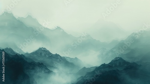 Misty Blue and Green Mountain Range with Layers of Fog. © E 