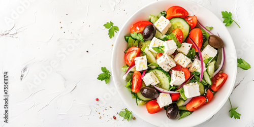 Greek Salad Delight. A vibrant and fresh Greek salad with feta cheese, juicy tomatoes, crisp cucumbers, and Kalamata olives, beautifully presented for a healthy meal. Top view with copy space. photo