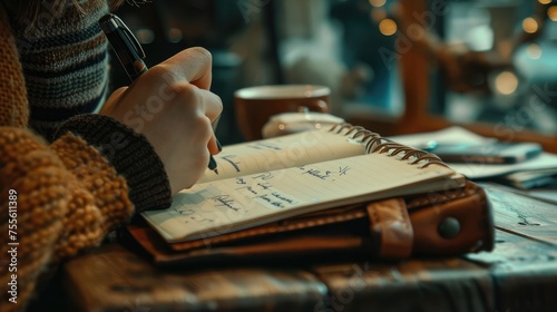 Person writing in notebook at a rustic table.