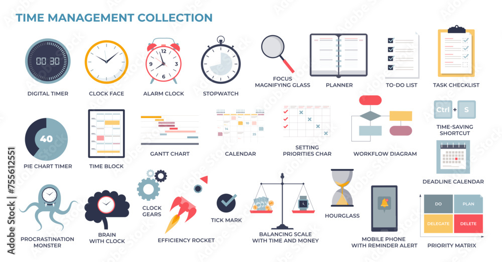 Time management and effective work tasks planning in tiny collection set, transparent background. Labeled elements with timer, schedule charts and workflow tools illustration. - obrazy, fototapety, plakaty 