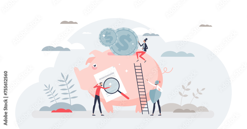 Financial wellness and personal savings protection tiny person concept, transparent background. Steady income flow and big bank deposit for retirement illustration. - obrazy, fototapety, plakaty 