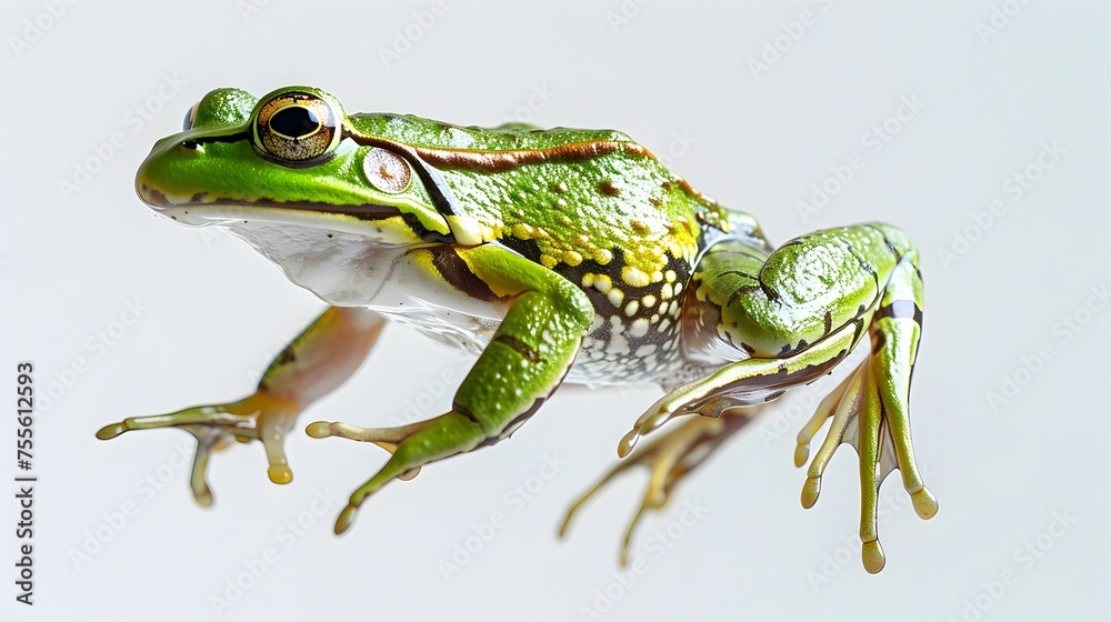 Fototapeta premium Vibrant Green Frog in Mid-Air Leap of Freedom with Orange Legs