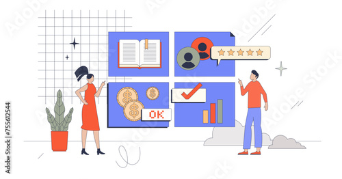 Balanced scorecard as main business aspects measurement retro tiny person concept, transparent background. Information report about learning, company growth, business process.