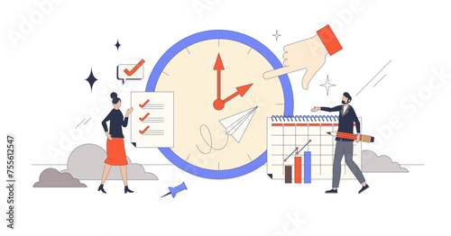 Time management and effective work organization retro tiny person concept, transparent background. Efficiency and productivity with clock as deadline symbol illustration.