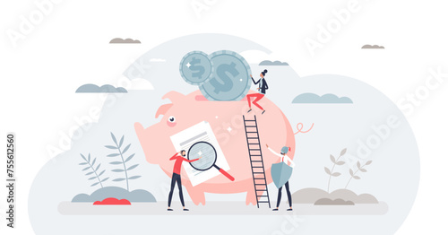 Financial wellness and personal savings protection tiny person concept, transparent background. Steady income flow and big bank deposit for retirement illustration.