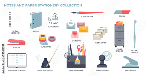 Notes and paper stationery for office and workspace tiny collection set, transparent background. Labeled elements with spiral notebook, binder, paper clips and desk organizer illustration.