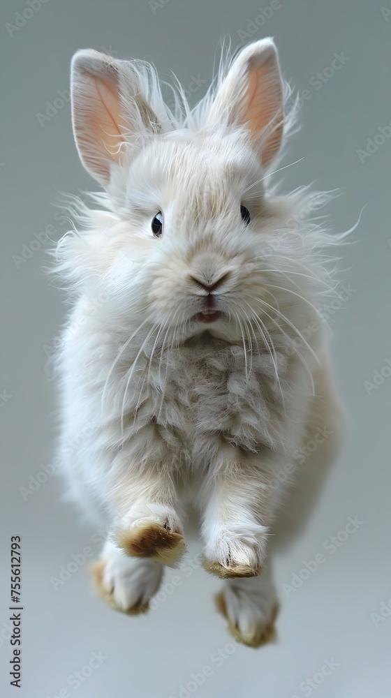 Joyful Fluffy White Rabbit Midair Leap with Long Hair and Soft Fur Texture