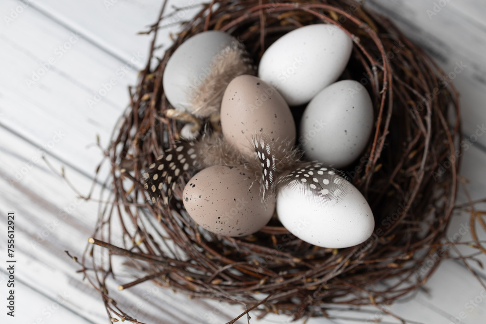 Top view of Easter eggs and feathers in nest of birch branches. Spring greeting card Top view of Easter eggs and feathers in nest of birch branches. Spring greeting card