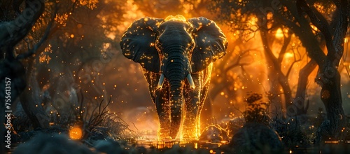 Fire Elephant Standing in Dark Forest, Cinematic Warm Light, Stylish Illumination