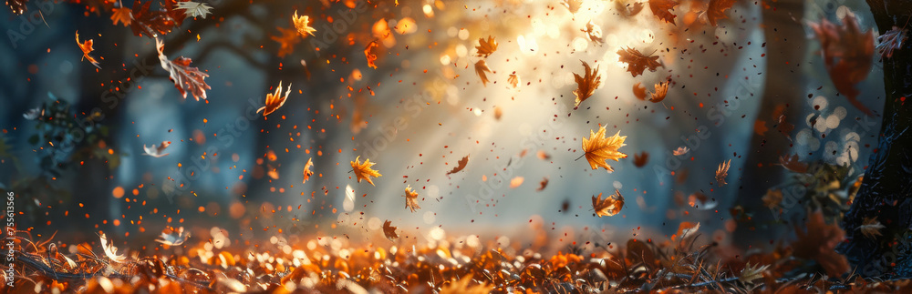 Vibrant colors of falling leaves bathed in the warm glow of a su - obrazy, fototapety, plakaty 