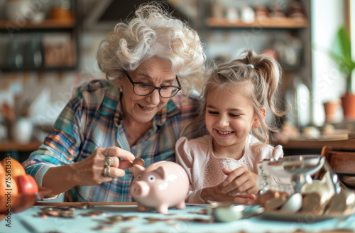 Happy grandmother and her smiling little granddaughter together with a pink piggy bank on a table at home, focusing on it, making a collage of coins in her hand. Financial education concept photo