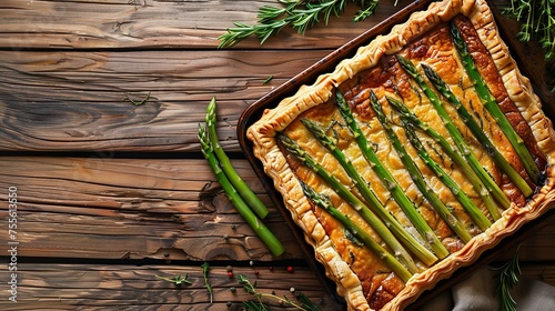 An appetizer on a wooden table featuring a top view of a handmade baked puff pastry asparagus tart with cheese and space for text, Generative AI. photo