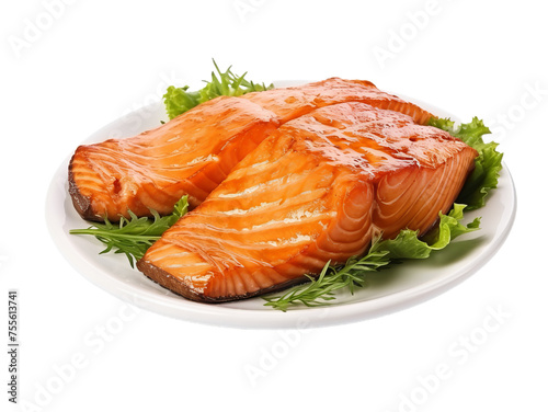 A close up of the grilled salmon steak isolated on transparent background.