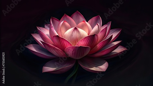 single pink lotus flower with soft pink petals blooming on a black background