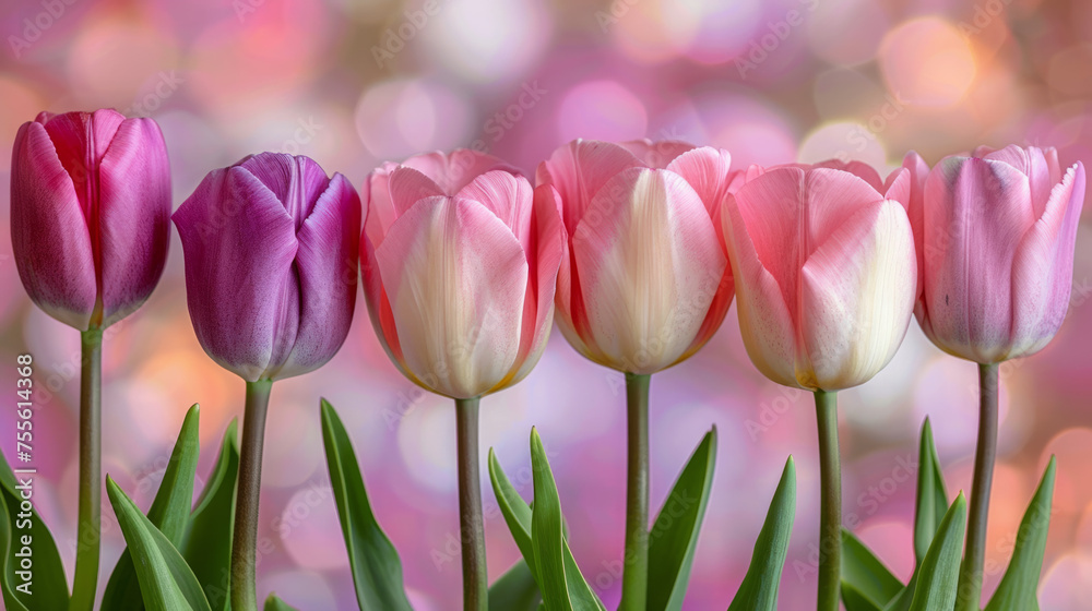 Fototapeta premium Field of growing tulips with beautiful bokeh