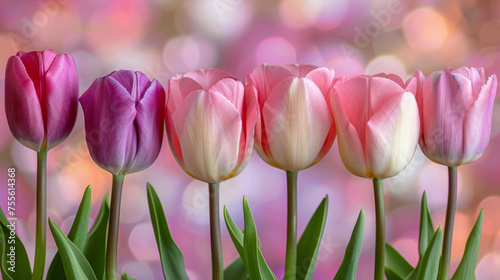 Field of growing tulips with beautiful bokeh