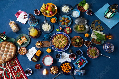 Ramadan Iftar Table. Muslim Family Having Dinner At Home. Iftar Table with Traditional Food. Fasting ends with Dates. Ramadan Feast Celebrations  Eid Mubarak Concept Uskudar Istanbul  Turkiye  Turkey 