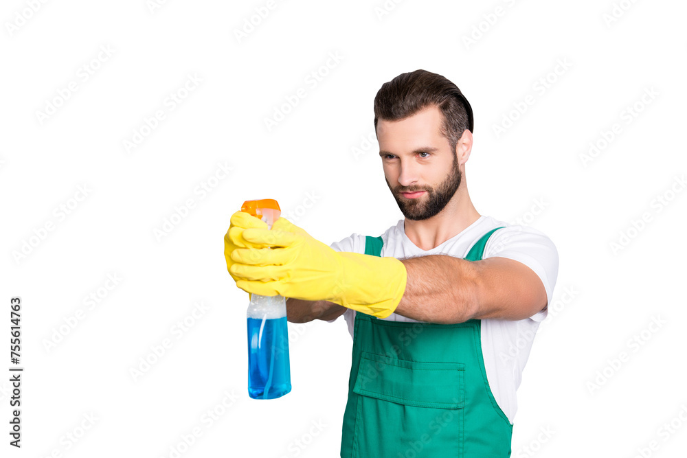 Portrait of funny comic cleaner in uniform t-shirt overall with stubble holding detergent spray with blue liquid like gun, isolated on grey background