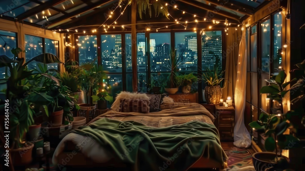 Peaceful Bungalow Bedroom with Plants, String Lights, and Night City View.