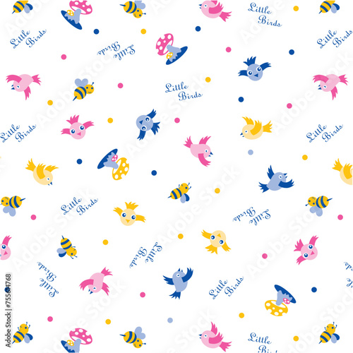 Colorful birds,bees, mushrooms children's pattern