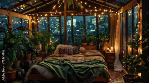 Peaceful Bungalow Bedroom with Plants  String Lights  and Night City View.