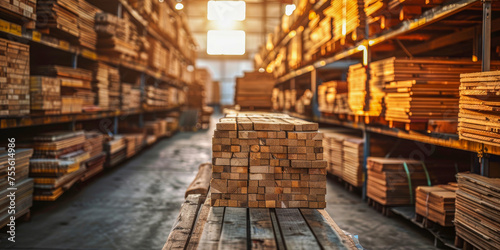 Warm sunlight streams through a lumber warehouse, illuminating neatly stacked wooden planks