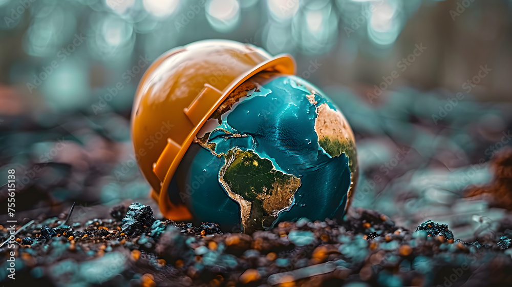 © Prasanth - Symbol of safety and health at work: the planet Earth and the helmet. A safety and health concept for the World Day of Safety and Health at Work.