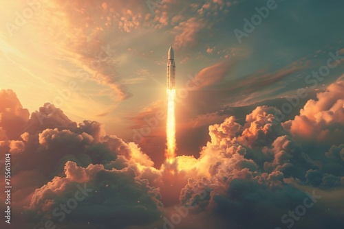 a rocket taking off from clouds