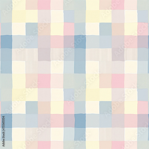 A colorful patchwork quilt with a blue square in the middle. The quilt is made up of squares of different colors and patterns