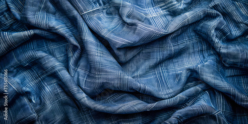 Close-up of crumpled blue fabric showcasing intricate patterns and textures, highlighting the material's fine quality and design
