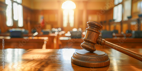 Traditional wooden gavel on its stand in the courtroom with a soft focus background and warm sunlight